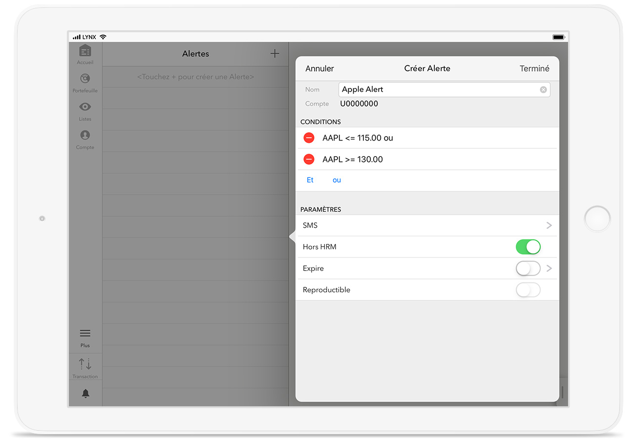 Créez des alertes avec l'application de trading pour iPad