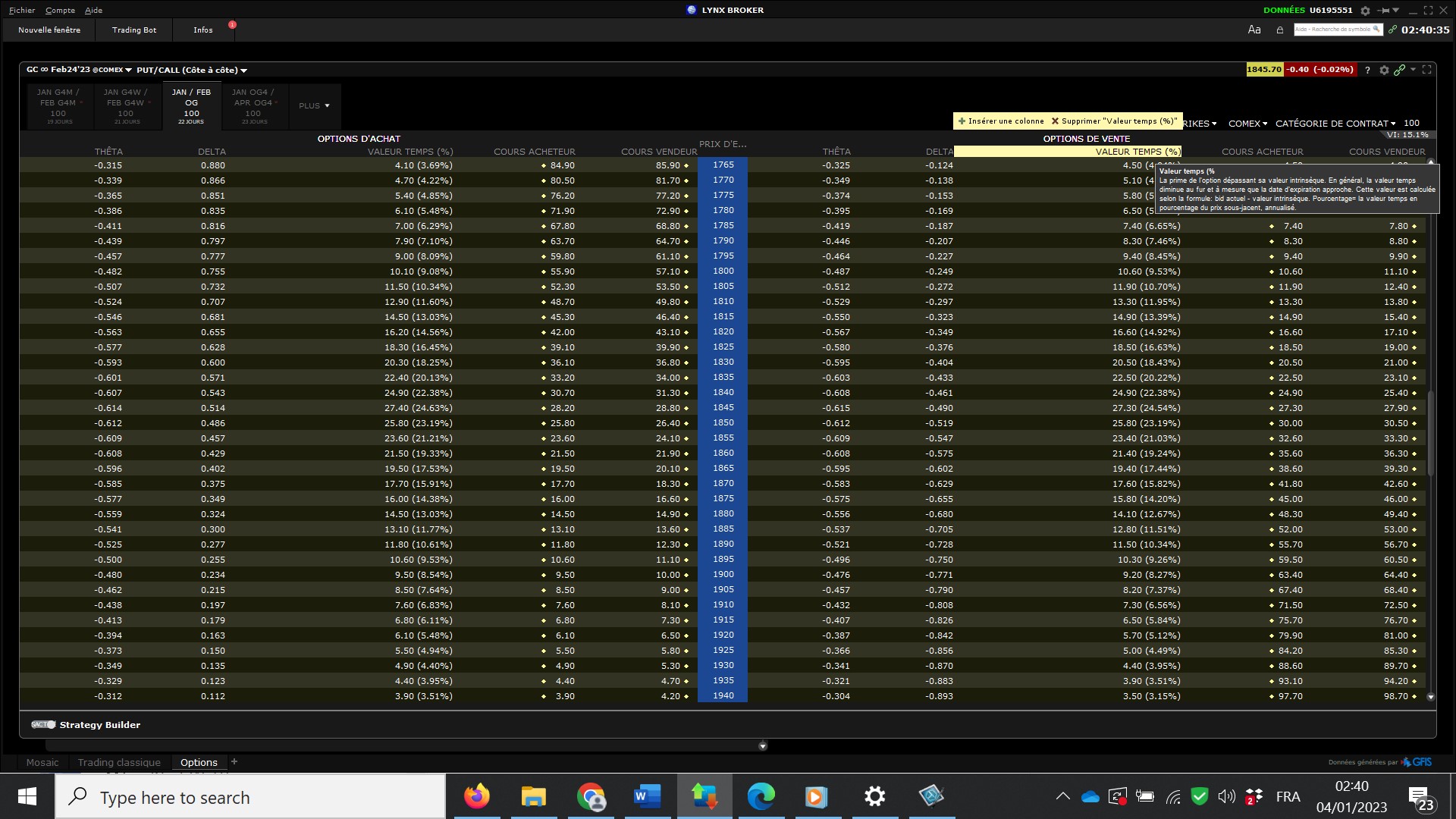 exercice options - trading options - chaîne d'options avec valeur temps