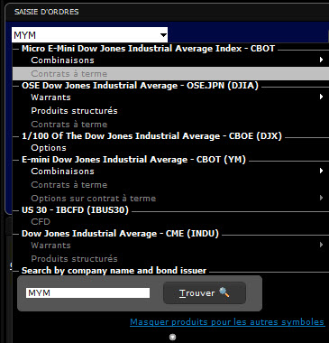 dow futures - djia futures - menu déroulant